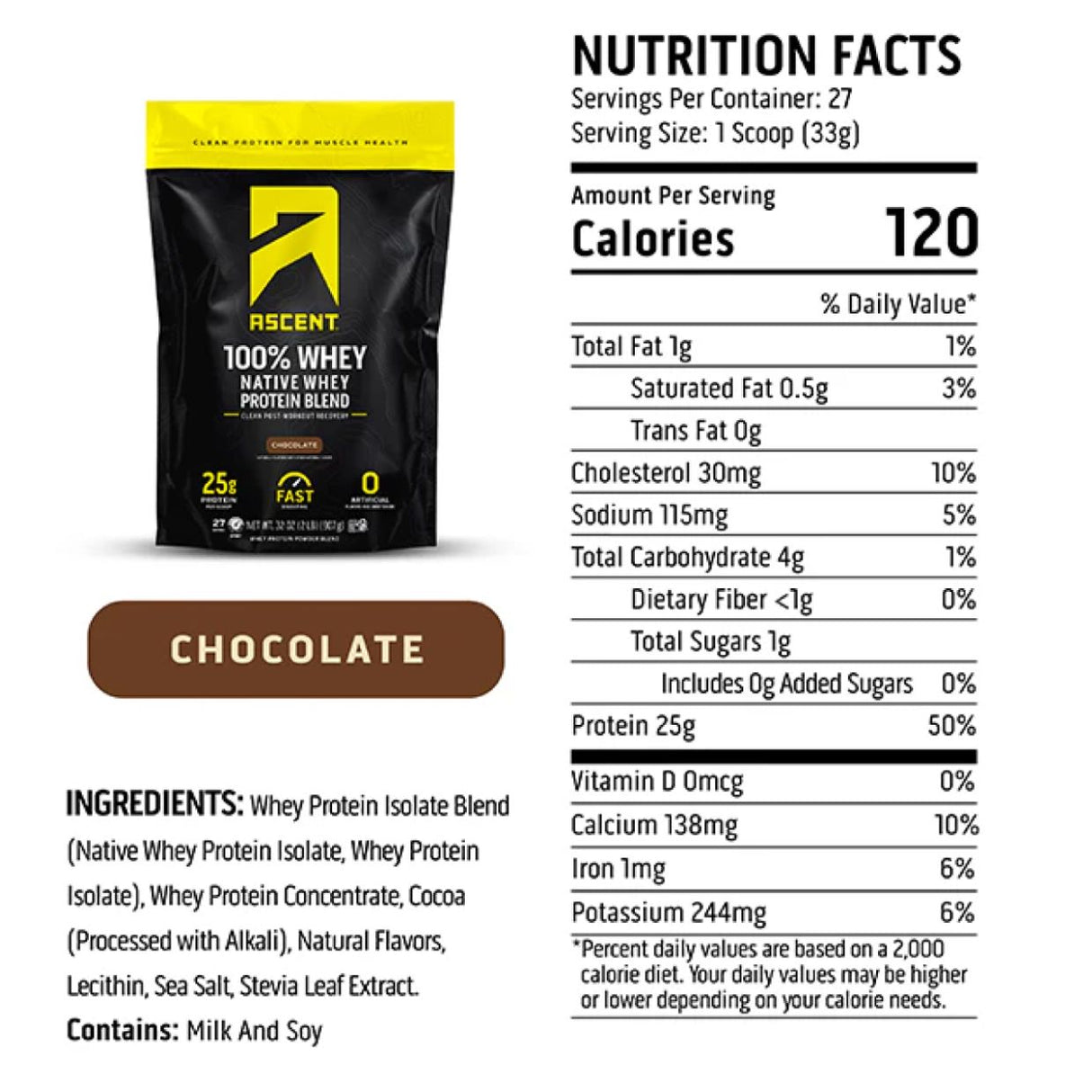Proteína Ascent 100% Whey Chocolate 907g- Energía deportiva 1