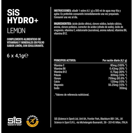 [imagen 5] Tabla Nutricional HYDRO+ – Detalle de 1576mg de electrolitos y vitaminas clave por cada porción servida.