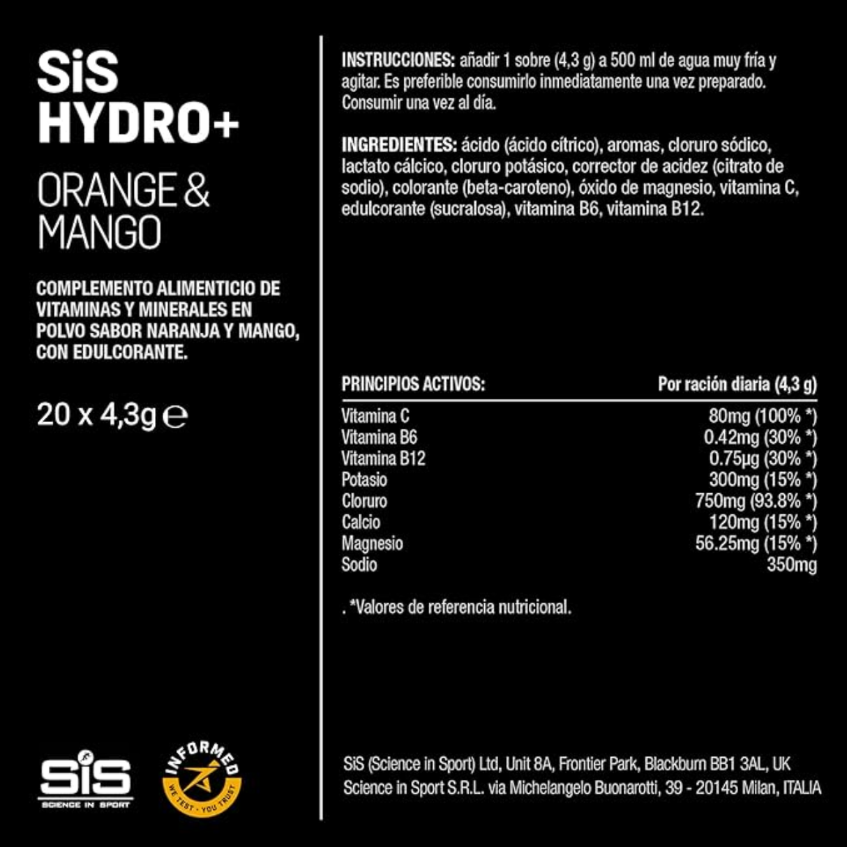 [imagen 5] Tabla Nutricional HYDRO+ Naranja Mango – Detalle de 1576mg de electrolitos y vitaminas por porción.