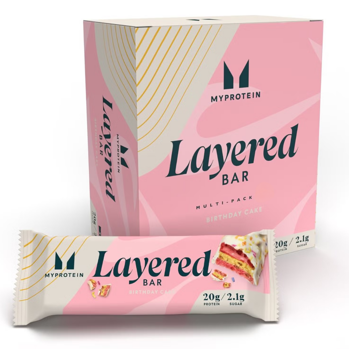 Corte transversal de Myprotein Layered Bar mostrando centro de caramelo y soja crujiente [imagen 4]