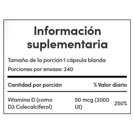 Suplemento Nature's Bounty Vitamina D3 2000 IU 240 Cápsulas - Fortalece Defensas Imagen 2