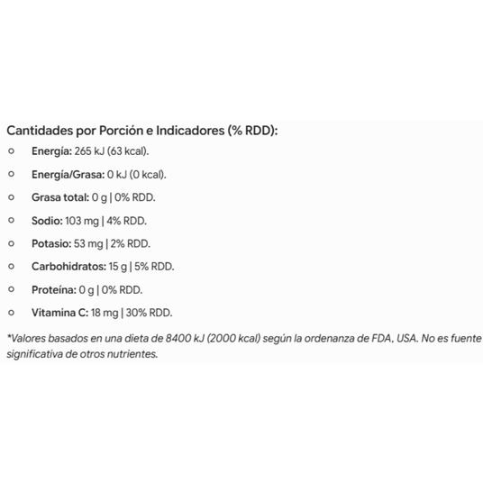 [imagen 2] Tabla Nutricional Powerlab Isotonic Drink – Detalle por porción de 63 calorías, sodio, potasio y carbohidratos.
