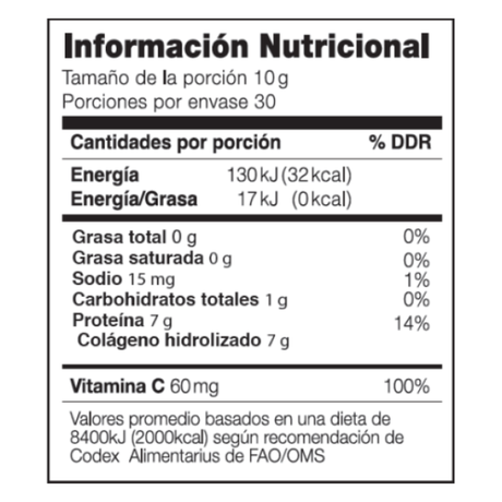[imagen 3] Tabla Nutricional Powerlab Colágeno – Detalle de 7g de colágeno hidrolizado y 60mg vitamina C