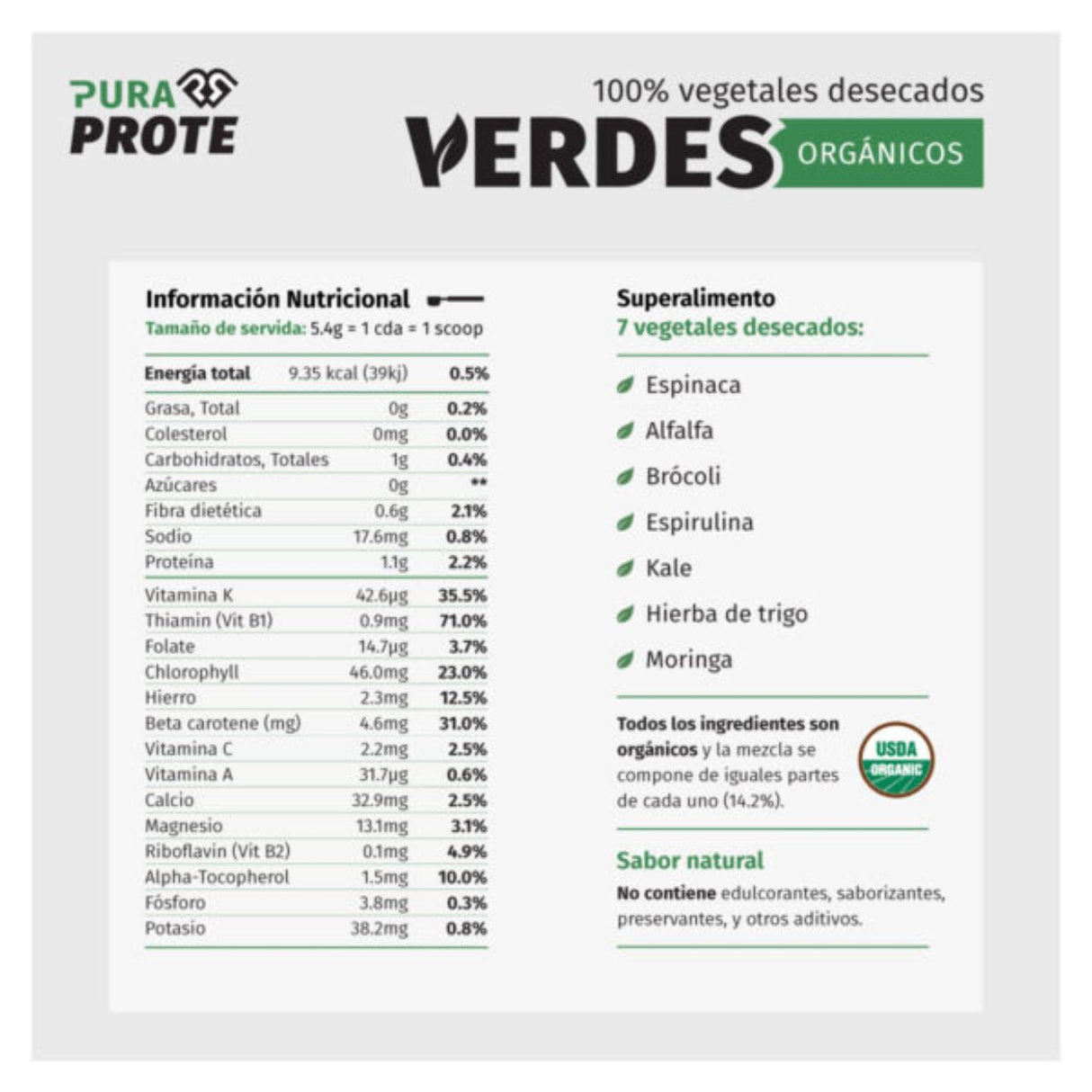 Verdes Orgánicos Pura Prote 300g - Energía deportiva 2