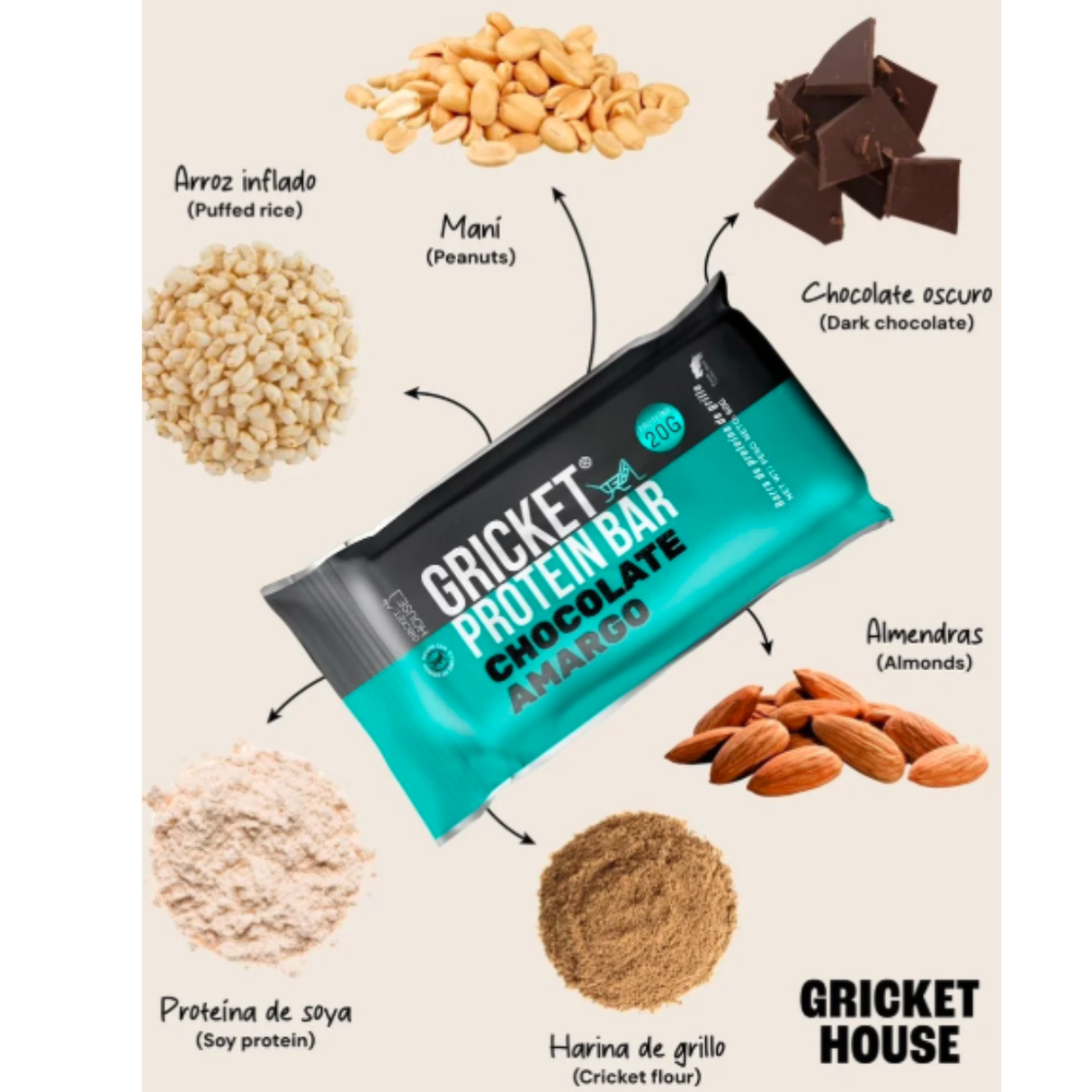 Snack proteína natural Gricket sabor chocolate amargo para gym [img2]