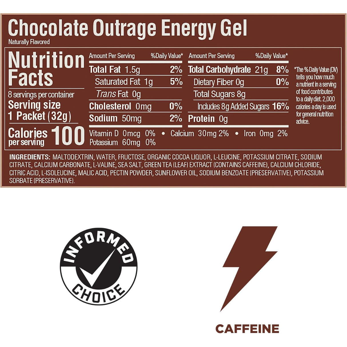 Información nutricional gel GU chocolate con 100 calorías y electrolitos para hidratación [imagen 2]
