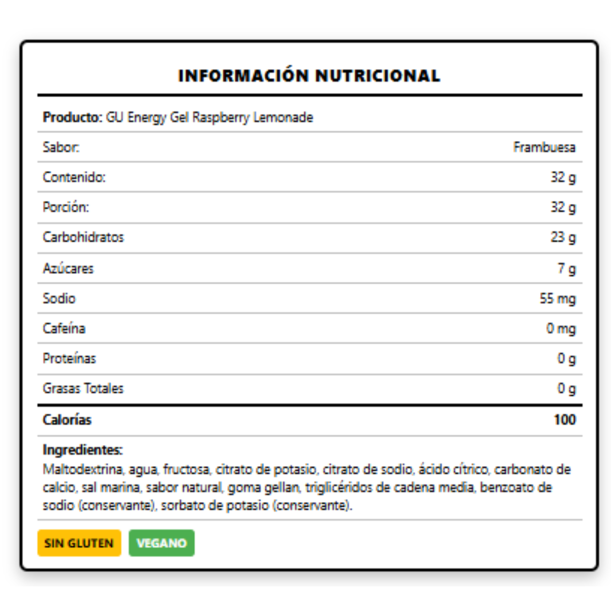 [imagen 2] Tabla Nutricional GU Energy Gel Frambuesa Limonada – Desglose oficial con veintitres gramos de carbohidratos.