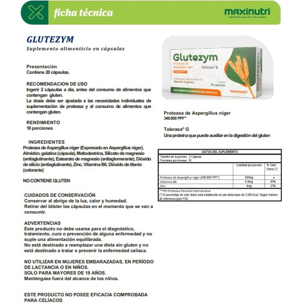 Enzimas Digestivas MaxiNutri Glutezym 20 Cápsulas - Digestión Saludable Imagen 2