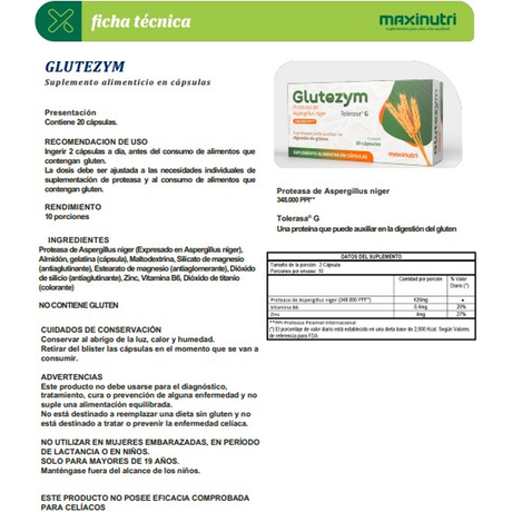 Enzimas Digestivas MaxiNutri Glutezym 20 Cápsulas - Digestión Saludable Imagen 2