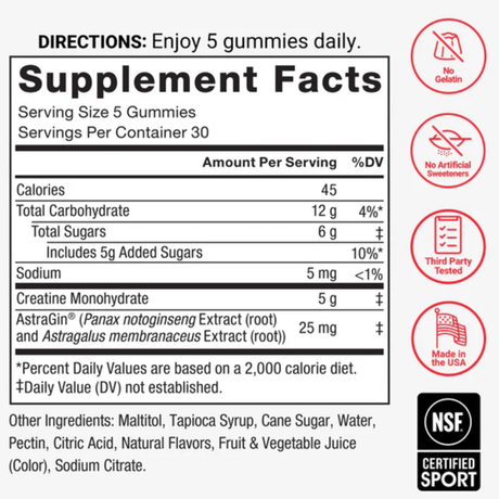[imagen 5] Tabla Nutricional Force Factor Creatine Gummies – Detalle de 5g de creatina y 45 calorías.