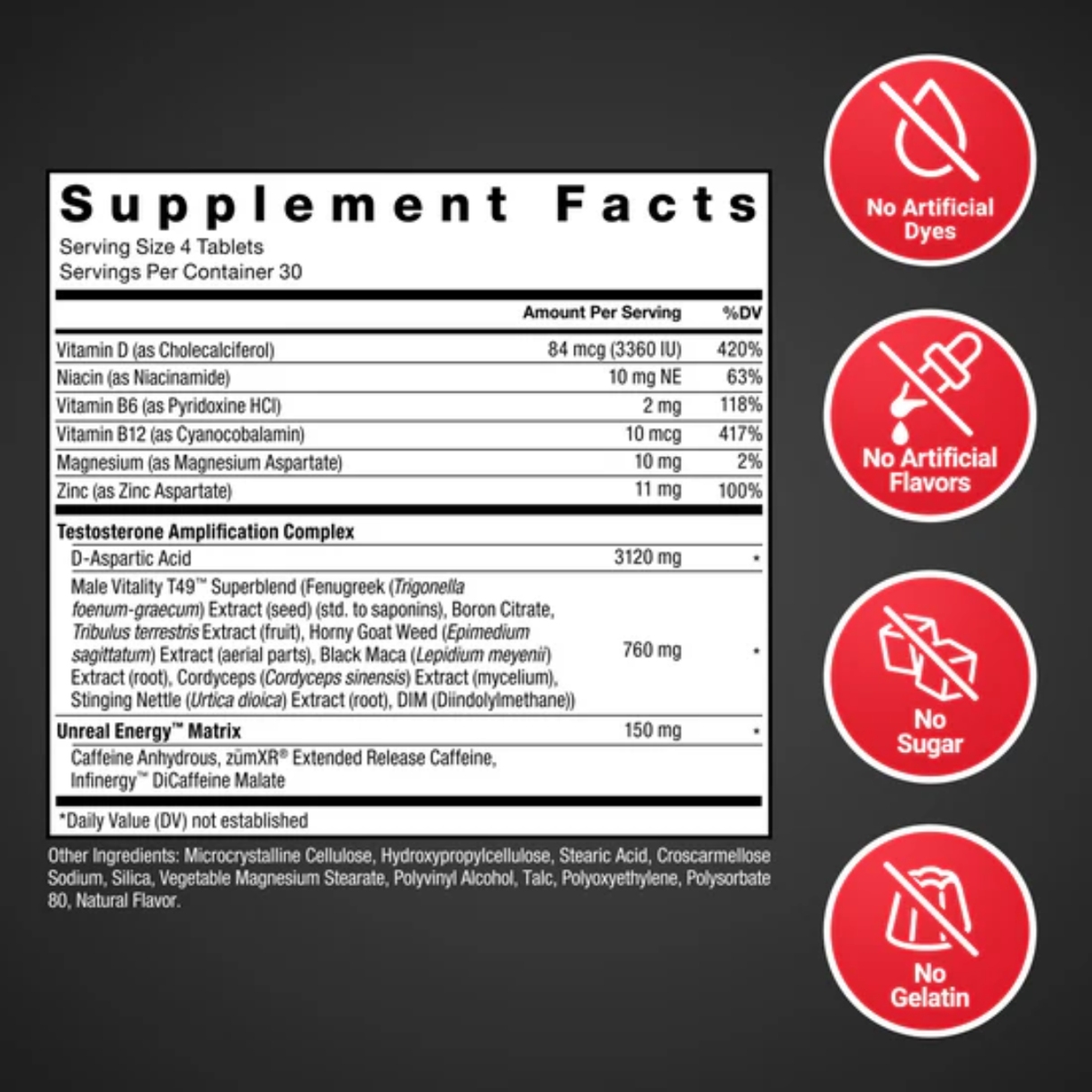[imagen 4] Tabla Nutricional Force Factor Test X180 Boost 120 comprimidos – Desglose con tres mil ciento veinte miligramos DAA.