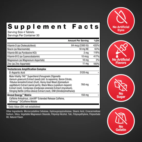 [imagen 4] Tabla Nutricional Force Factor Test X180 Boost 120 comprimidos – Desglose con tres mil ciento veinte miligramos DAA.