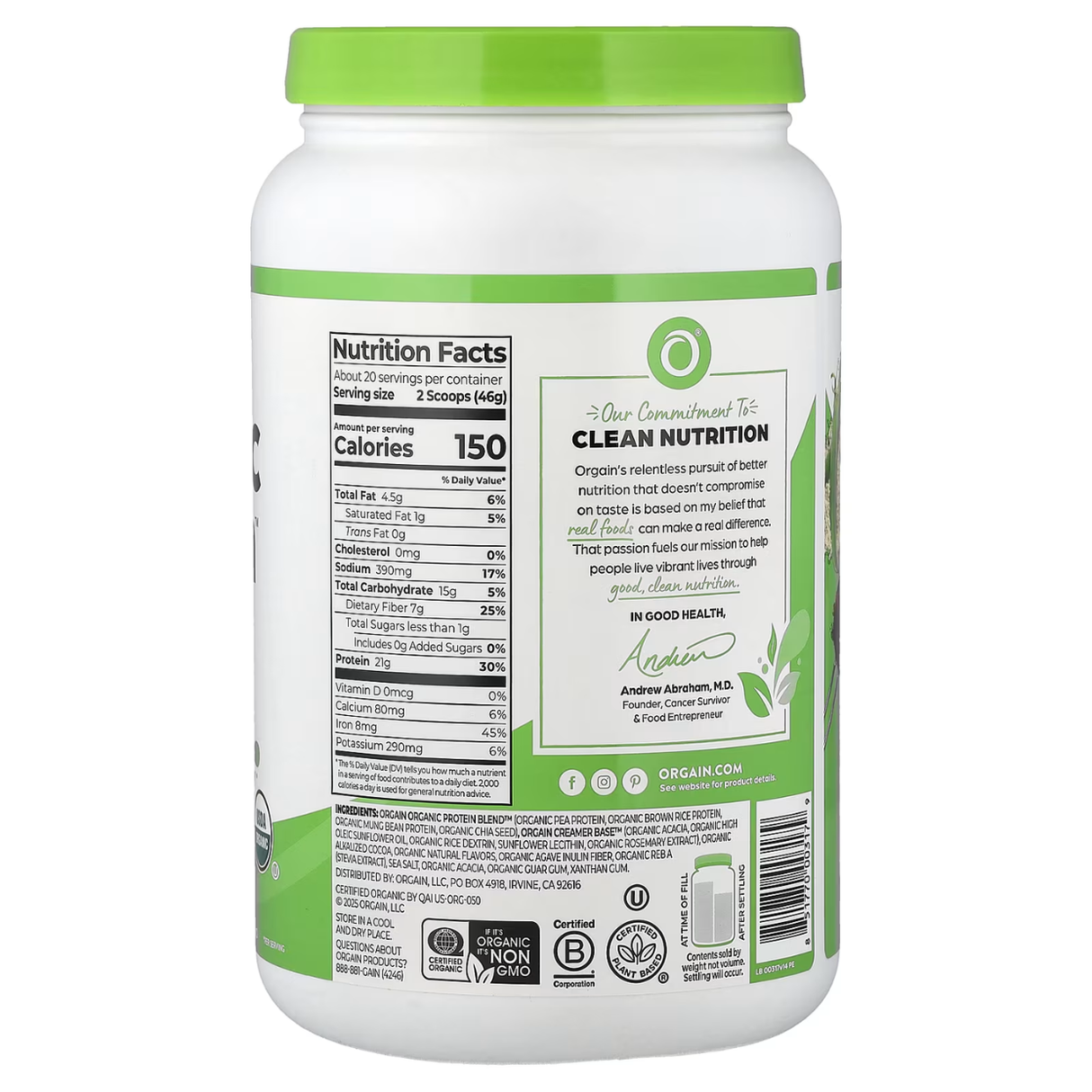 Proteína vegetal Orgain sabor Chocolate Fudge – Nutrición pura certificada USDA Organic [imagen 2]