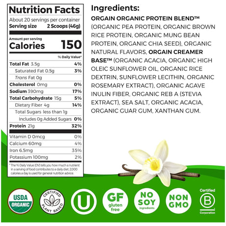 Proteína en polvo a base de plantas Organic Protein Vainilla 920g- Energía deportiva 2