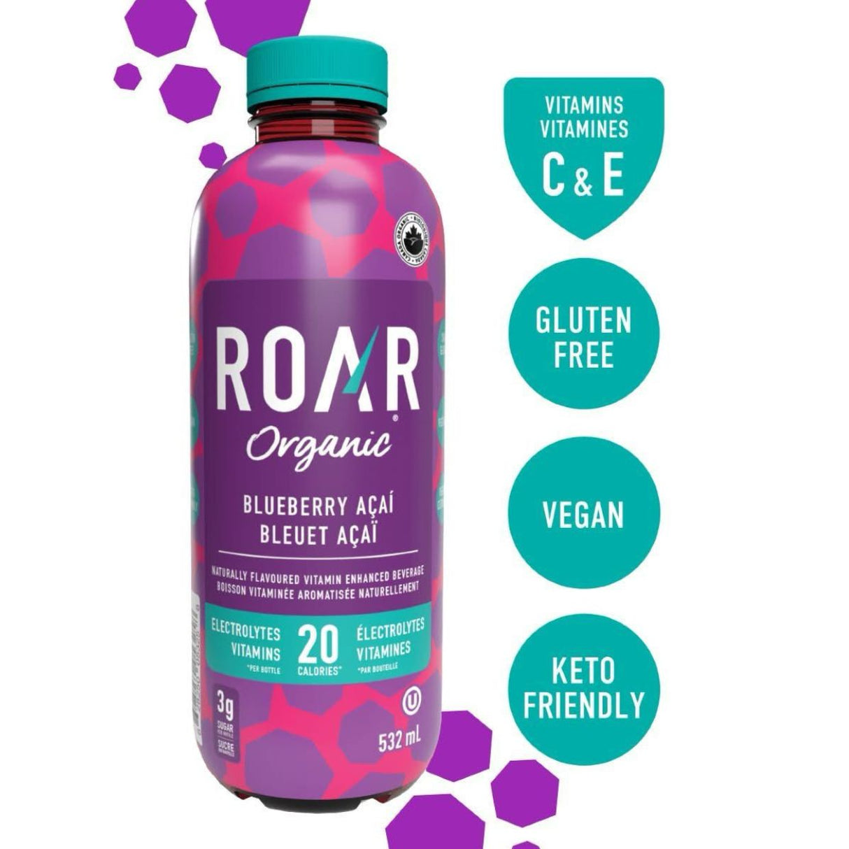 Bebida Hidratante Roar Organic Con Vitaminas Arándanos Caí 600ml - Energía deportiva 2