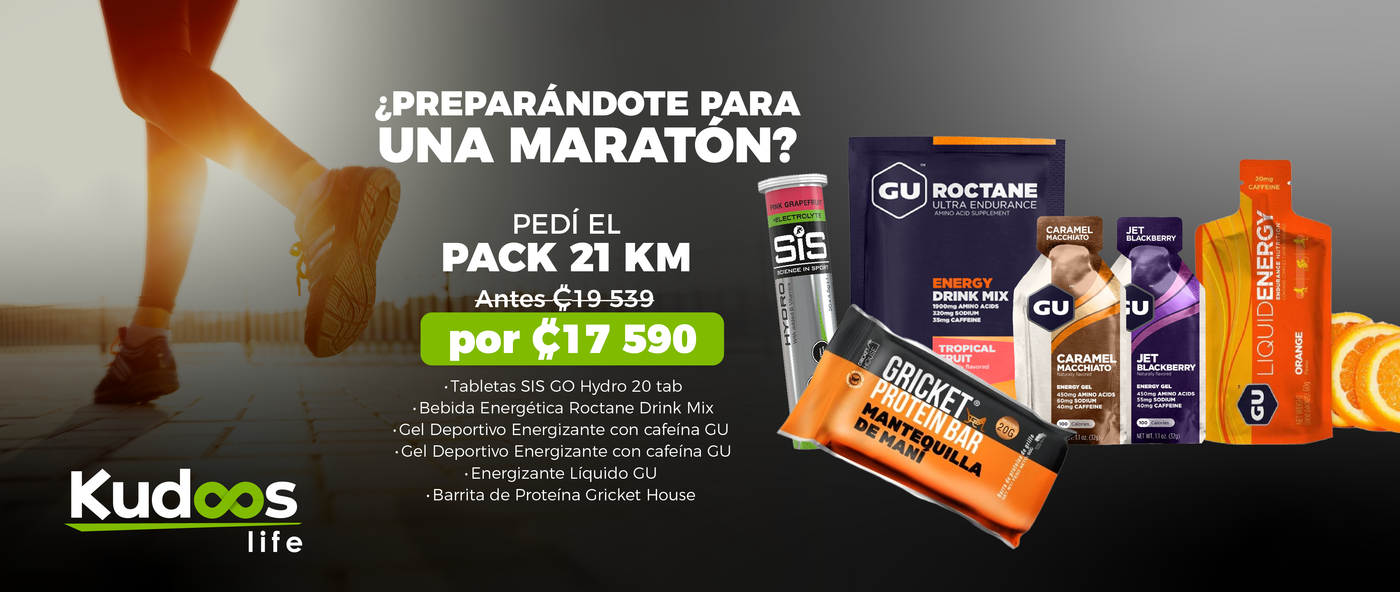 Banner Pack 21 KM para maratón en Costa Rica con geles GU, SIS y barrita Cricket – energía y resistencia 1