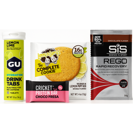 Pack Nutrición Deportiva GU Hydration Lemon Lime 12 Tablets, Gricket Protein Bar Choco Fresa 20g, Lenny & Larry's Complete Cookie Lemon Poppy Seed 113g, SiS REGO Rapid Recovery Chocolate 50g - Hidratación y Recuperación Completa Imagen 1