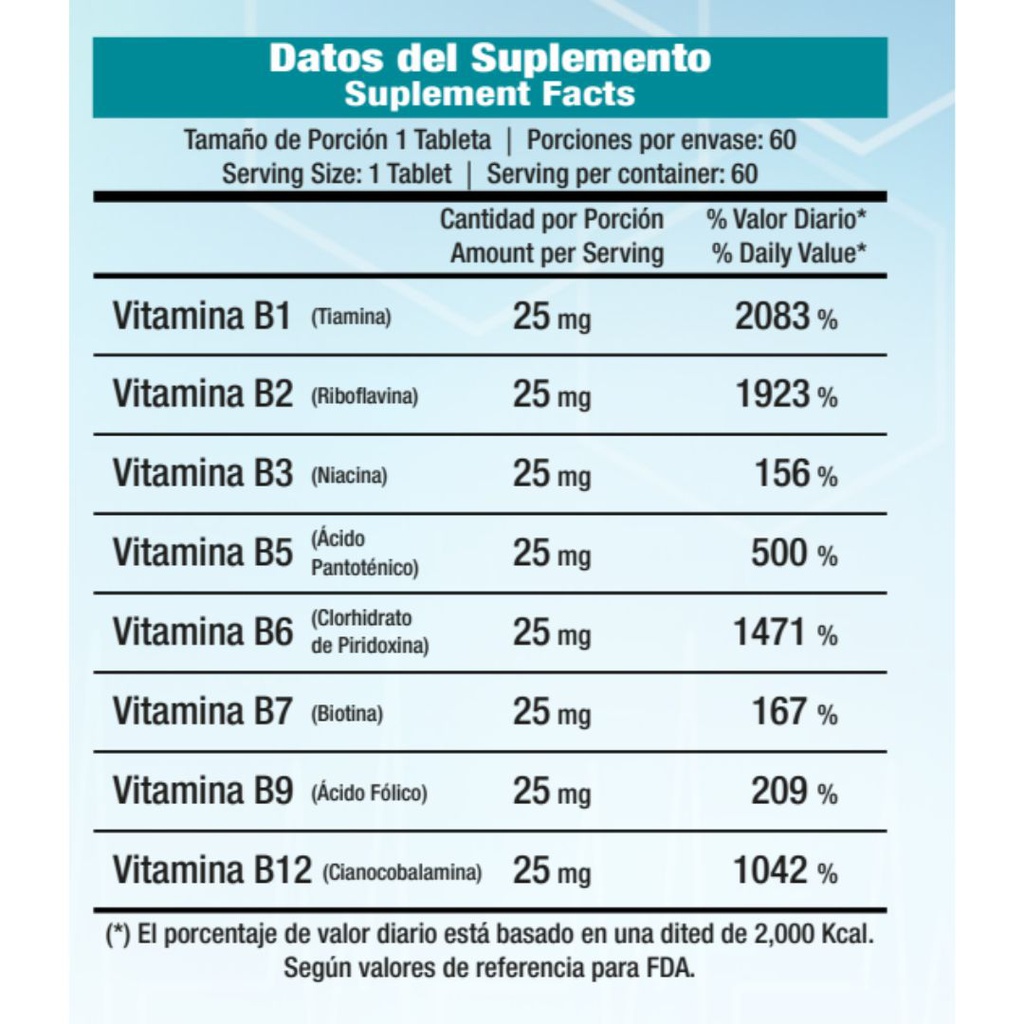 Vitaminas Dr.Vek Suplemento Alimenticio Complejo B Vitamina B1-B2-B3-B5-B6-B8-B9 & B12 60 Tabletas 14.4g CR-DRVEK-04