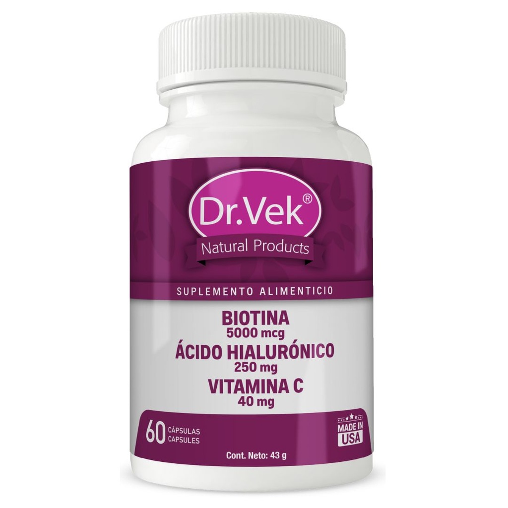 Vitaminas Dr.Vek Suplemento Alimenticio Biotina + Ácido Hialurónico + Vitamina C 60 Cápsulas 43g CR-DRVEK-20