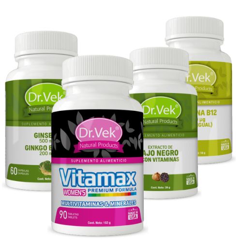 Kit Dr.Vek Aumenta Defensas y Energía en Mujeres Vitamax Women’s -Vitamina B12 - Ginseng + Ginkgo Biloba - Ajo Negro CR-DVPAC-11