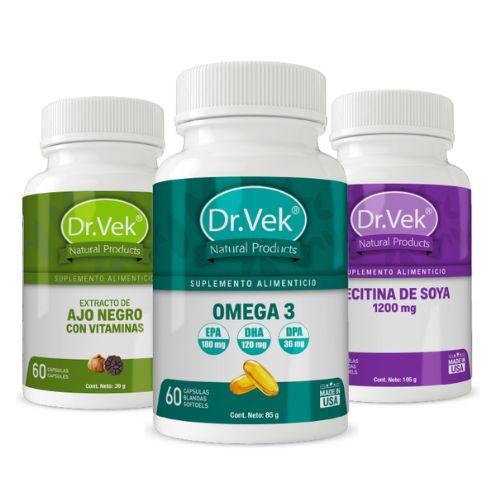 Kit Dr.Vek Regula Colesterol y Trigliceridos Ajo Negro con Vitaminas - Omega 3 - Lecitina de Soya CR-DVPAC-05